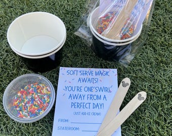 May include: An ice cream kit with black and white cups, a clear container of sprinkles, and wooden spoons with a Mickey Mouse head design. A card reads "Soft Serve Magic Awaits! You're one swirl away from a perfect day!"