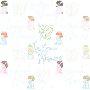 Op de afbeelding: Een herhalend patroon op een witte achtergrond met illustraties van jonge meisjes die knielen in gebed, elk met een andere haarkleur en een pyjama. Het woord "Tailored Whimsy" is in cursief geschreven, samen met vlinder- en penseelafbeeldingen.