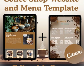 Coffee Shop Bundle: Editable Canva Website Template + Menu + Branding Kit
