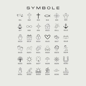 Puede incluir: Una colecci&oacute;n de s&iacute;mbolos en arte lineal negro, incluyendo un ancla, una cruz, el s&iacute;mbolo del infinito, un coraz&oacute;n, y m&aacute;s. La palabra "SYMBOLE" est&aacute; en la parte superior. Cada s&iacute;mbolo est&aacute; etiquetado con una combinaci&oacute;n de letra y n&uacute;mero, como B1, B2, B3, etc.
