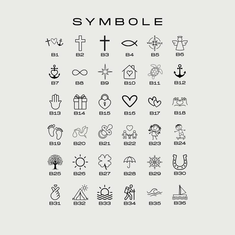 Puede incluir: Una colecci&oacute;n de s&iacute;mbolos en arte lineal negro, incluyendo un ancla, una cruz, el s&iacute;mbolo del infinito, un coraz&oacute;n, y m&aacute;s. La palabra "SYMBOLE" est&aacute; en la parte superior. Cada s&iacute;mbolo est&aacute; etiquetado con una combinaci&oacute;n de letra y n&uacute;mero, como B1, B2, B3, etc.