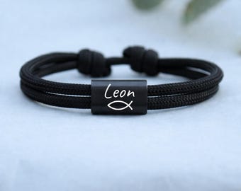 Pulsera de bautizo con nombre y grabado de pez - Pulseras infantiles personalizadas con nombre grabado, regalo de bautizo para niños, Primera Comunión, Confirmación