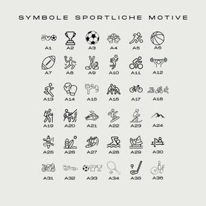 Puede incluir: Una colecci&oacute;n de iconos en blanco y negro que representan varios deportes y actividades. La imagen incluye s&iacute;mbolos de f&uacute;tbol, baloncesto, correr, esquiar y m&aacute;s, con etiquetas alfanum&eacute;ricas correspondientes.