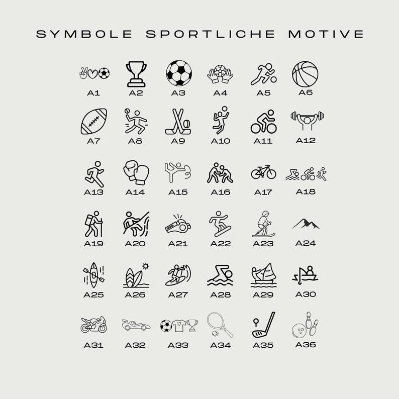 Puede incluir: Una colecci&oacute;n de iconos en blanco y negro que representan varios deportes y actividades. La imagen incluye s&iacute;mbolos de f&uacute;tbol, baloncesto, correr, esquiar y m&aacute;s, con etiquetas alfanum&eacute;ricas correspondientes.