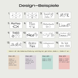 Puede incluir: Una colecci&oacute;n de ejemplos de dise&ntilde;o con varios elementos de texto y gr&aacute;ficos. Los dise&ntilde;os incluyen nombres, iniciales, s&iacute;mbolos y frases, como "Daniel Julia", un bal&oacute;n de f&uacute;tbol y un cohete. El texto "Design-Beispiele" est&aacute; en la parte superior.