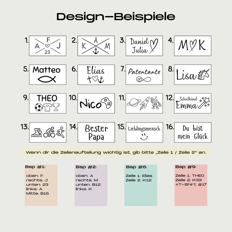 Puede incluir: Una colecci&oacute;n de ejemplos de dise&ntilde;o con varios elementos de texto y gr&aacute;ficos. Los dise&ntilde;os incluyen nombres, iniciales, s&iacute;mbolos y frases, como "Daniel Julia", un bal&oacute;n de f&uacute;tbol y un cohete. El texto "Design-Beispiele" est&aacute; en la parte superior.