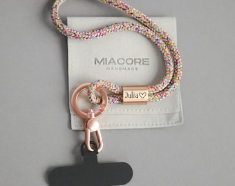 Cadena universal para teléfono con mosquetón y parche: correa para teléfono personalizada hecha de cuerda de vela con nombre