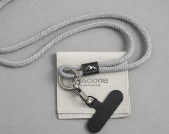 Cadena para teléfono personalizada con nombre grabado hecha de cuerda de vela: correa larga universal para teléfono con mosquetón y parche