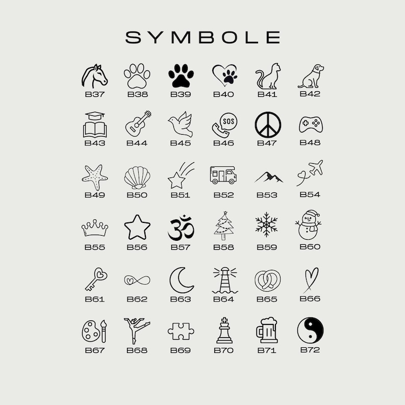 Puede incluir: Una colecci&oacute;n de s&iacute;mbolos en blanco y negro, que incluyen un caballo, huellas de patas, un coraz&oacute;n, un gato, un perro, un libro, una guitarra, una paloma, un tel&eacute;fono, un s&iacute;mbolo de la paz, un mando de videojuegos, una estrella de mar, una concha, una estrella fugaz, una autocaravana, monta&ntilde;as, un avi&oacute;n, una corona, una estrella, un s&iacute;mbolo Om, un &aacute;rbol de Navidad, un copo de nieve, un mu&ntilde;eco de nieve, una llave, un s&iacute;mbolo de infinito, una luna, un faro, un pretzel, un coraz&oacute;n, una paleta de pintura, una bailarina, una pieza de rompecabezas, una pieza de ajedrez, una jarra de cerveza y un s&iacute;mbolo del yin yang.