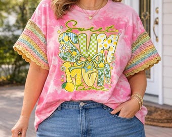 Camiseta Sweet Summer Time Tie-Dye con mangas de ganchillo / Talla 2XL / Camiseta con estampado de limón