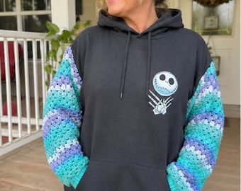 Jack Is Back Hoodie with Hand Crocheted Sleeves | XL Black Hoodie