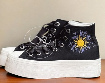 Benutzerdefinierte Stickerei Sonne Blumen Leinwand Schuhe Personalisierte Geschenke Stickerei T.angle Film Muttertag Sneaker High Top