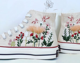 Custom Embroidery Pink Flowers Chuck Taylor Canvas Shoes Personalized Gifts Embroidery Flowers Birthday Gift Sneaker High Tops For Her