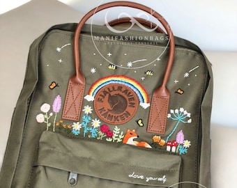 Mochila de bordado de zorro personalizada Fjallraven Kanken Flower Garden Bordado Star School Bag con arco iris regalos personalizados para amigos