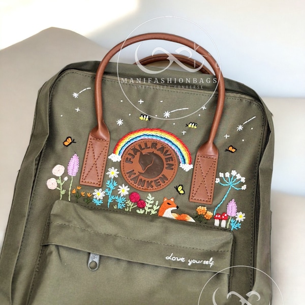 Custom Fox Embroidery Backpack Fjallraven Kanken Flower Garden Embroidery Star School Bag with Rainbow Personalized Gifts For Friends