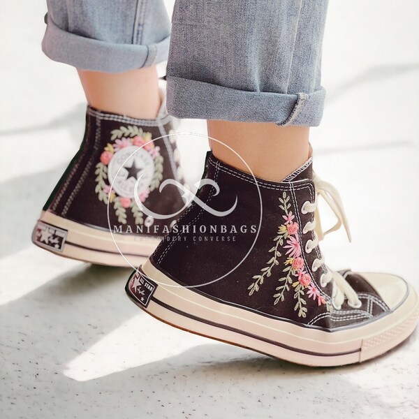 Personalized Embroidery Pink Rose Bouquet Chuck Taylor Shoes Custom Hand Embroidery Rose Flowers Mother's Day present Sneaker High Tops