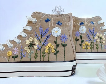 Personalize Embroidery Sweet Colorful Flowers Canvas Shoes Custom Embroidery Chuck Taylor High Top 1970s Birthday Gifts For Her