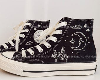 Custom Handmade Clouds and Stars Canvas Shoes Embroidered Converse Chuck Taylor High Top 1970s Personalize Embroidery Flowers Canvas Shoes