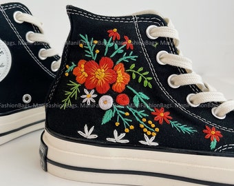 Embroidered Pumpkin and Flowers Canvas Shoes Embroidered Converse Chuck Taylor High Top 1970s Personalize Embroidery Flowers Canvas Shoes