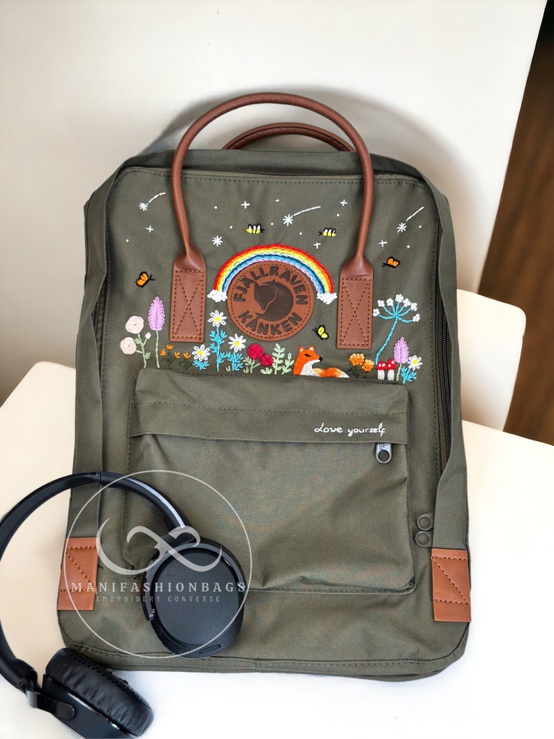 Benutzerdefinierte Fuchs Stickerei Rucksack Fjällräven Kanken Blumen Garten Stickerei Stern Schultasche mit Regenbogen personalisierte Geschenke für Freunde Bild 3