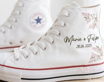 Custom Wedding Converse For Bride Flower with Name Hand Embroidered Sneaker Personalized Chuck Taylor High Tops 1970s Shoes