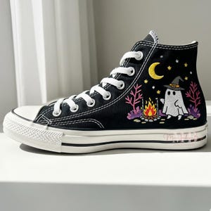 Custom Halloween Vibes Converse Witch Ghost Camping Embroidered Sneakers Personalized Spooky Season Chuck Taylor High Tops 1970s Shoes