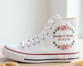 Custom Wedding Converse For Bride Flower Bouquet with Name Hand Embroidered White Sneaker Personalized Chuck Taylor High Tops 1970s Shoes