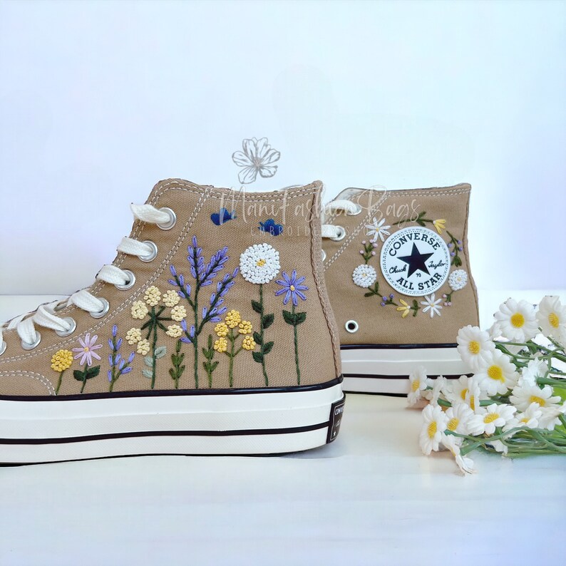 Personalize Embroidery Sweet Colorful Flowers Canvas Shoes Custom Embroidery Chuck Taylor High Top 1970s Birthday Gifts For Her image 2