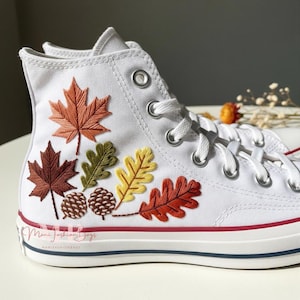 Fall Theme Custom Converse Autumn Pine Cone Hand Embroidered White Chuck Taylor 1970s High Tops Shoes Maple Leaf Embroidery Sneakers Gifts