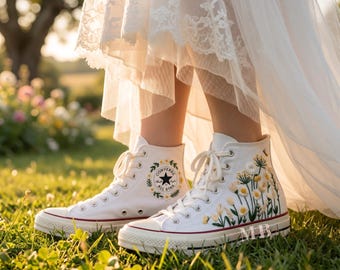 Custom Wedding Converse For Bride Wildflower Hand Embroidered Sneaker Personalized Bridal Chuck Taylor High Tops 1970s Shoes Gifts