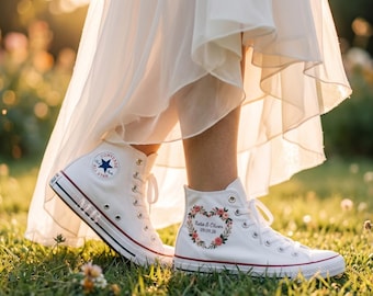 Custom Wedding Converse Wildflower with Name Hand Embroidered White Sneaker Personalized Chuck Taylor High Tops 1970s Shoes