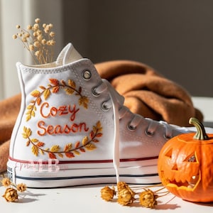Fall Theme Custom Converse Cozy Season Hand Embroidered White Chuck Taylor 1970s High Tops Shoes Oak Leaf Embroidery Sneakers Gifts
