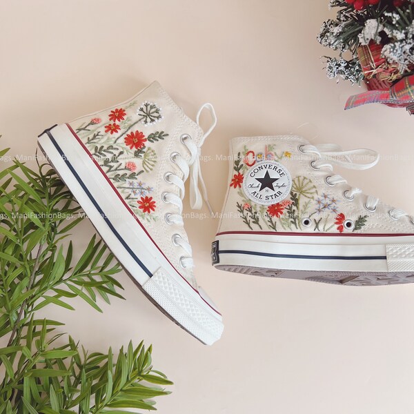 Personalize Converse Custom Handmade Embroidery Sweet Flowers Chuck Taylor High Top 1970s Personalized Gift For Her Converse Chuck Taylor
