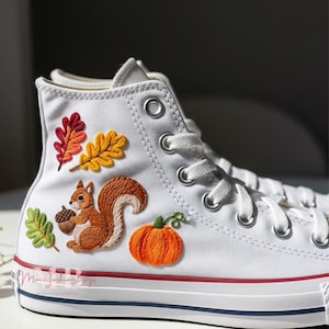 Fall Theme Custom Converse Squirrel Pumpkin Hand Embroidered Chuck Taylor 1970s High Tops Shoes Acorn Oak Leaf Embroidery Sneakers Gifts