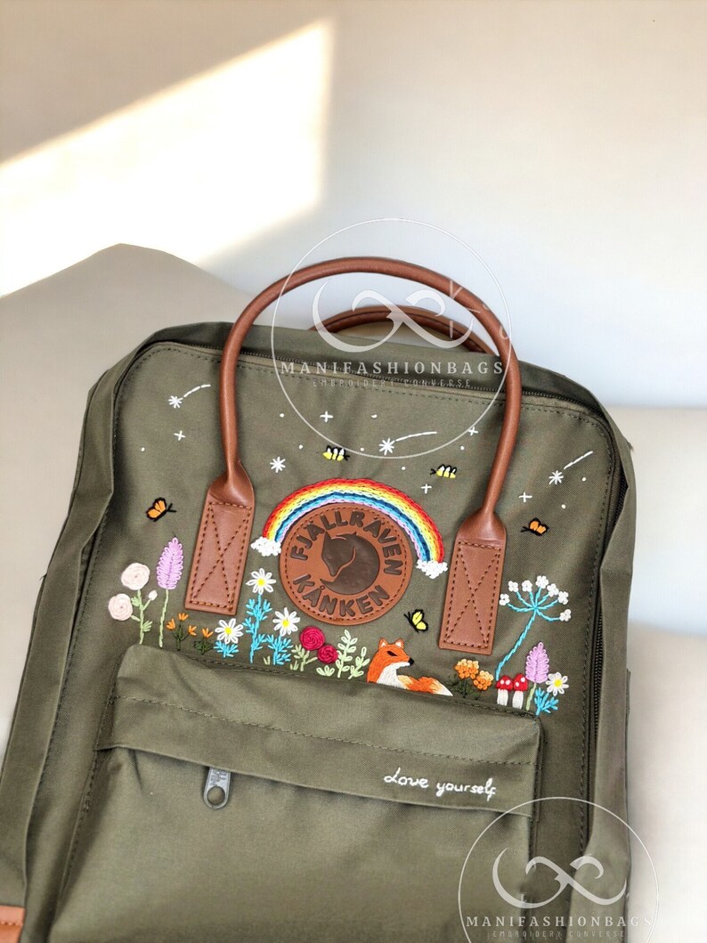 Benutzerdefinierte Fuchs Stickerei Rucksack Fjällräven Kanken Blumen Garten Stickerei Stern Schultasche mit Regenbogen personalisierte Geschenke für Freunde Bild 1