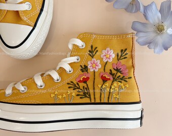 Custom Handmade Embroidered Rose Flowers Canvas Shoes Embroidered Converse Chuck Taylor High Top 1970s Personalize Gifts For Her