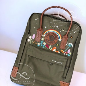 Benutzerdefinierte Fuchs Stickerei Rucksack Fjällräven Kanken Blumen Garten Stickerei Stern Schultasche mit Regenbogen personalisierte Geschenke für Freunde Bild 4