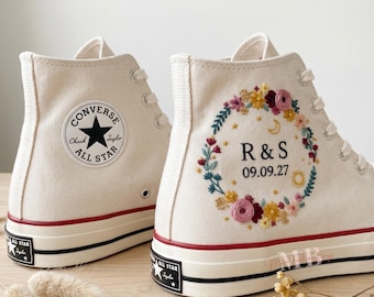 Custom Wedding Converse Wedding Flower with Name Hand Embroidered Beige Sneaker Personalized Chuck Taylor High Tops 1970s Shoes