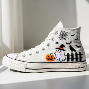 Custom Halloween Converse Ghost and Spider Web Pumpkin Embroidered Sneakers Personalized Spooky Season Chuck Taylor High Tops 1970s Shoes