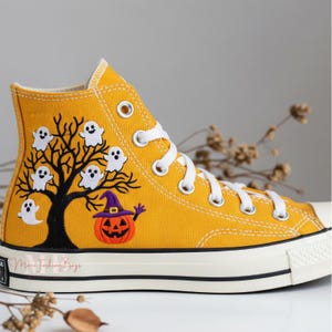 Custom Halloween Converse Ghost and Pumpkin Hand Embroidered Sneakers Personalized Spooky Season Chuck Taylor High Tops 1970s Shoes