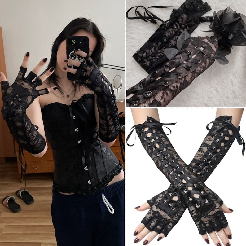 Sexy Elbow Length Punk Fingerless Arm, Gothic Black Lace Gloves, Cosplay Accessories, Gift For Her, White & Black Wrist Length Lace Gloves 