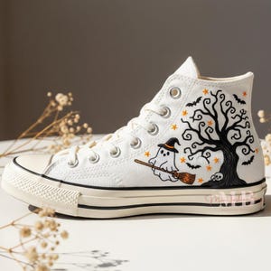 Custom Halloween Vibes Converse Ghost and Bat Hand Embroidered Sneakers Personalized Spooky Season Chuck Taylor High Tops 1970s Shoes Gifts