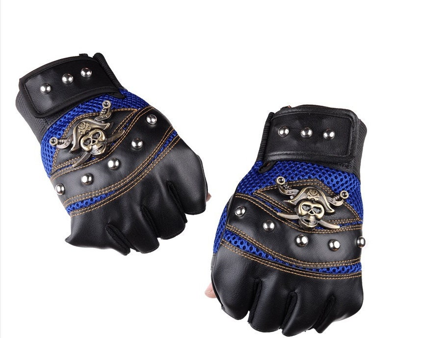 1 Pair Horn Studded Skull Fingerless Leather Gloves Punk Rock