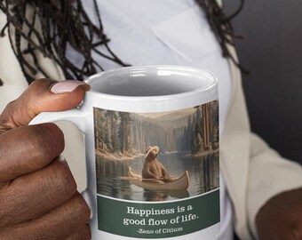 Zeno River Bear Mug - Happiness Is a Good Flow of Life - Stoic Philosophy Gift Canoe Coffee Mug