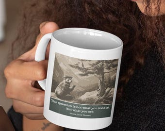 Thoreau Nature Bear Mug - The Question Is Not What You Look At - Bird Watcher Gift Philosophy Coffee Cup