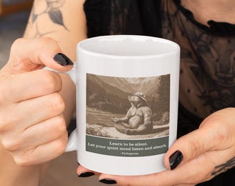 Pythagoras Yoga Bear Mug - Quiet Mind Listen Absorb - Meditation Gift Mindfulness Art Coffee Cup