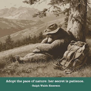 May include: Sepia-toned illustration of a bear resting under a tree, wearing a hat and leaning against the trunk. A backpack rests nearby. The image includes the quote, "Adopt the pace of nature: her secret is patience."