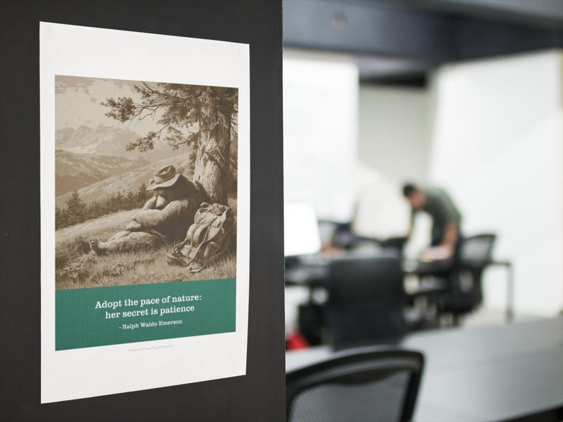 May include: A framed print featuring a sepia-toned illustration of a person resting under a tree in a mountainous landscape. The print includes the quote, "Adopt the pace of nature: her secret is patience" by Ralph Waldo Emerson.