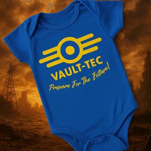 May include: A blue baby bodysuit featuring a yellow Vault-Tec logo and the text "VAULT-TEC Prepare For The Future!". The garment has short sleeves and popper fastenings. The background depicts a post-apocalyptic landscape.
