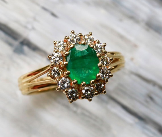 Vintage Natural Emerald Diamond Halo Engagement Ring 18k | Etsy